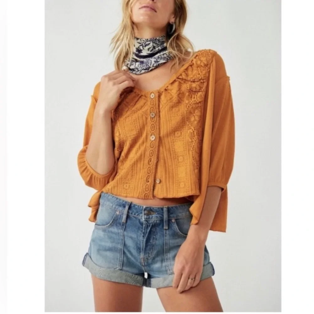 Free People Mae Top Relaxed Crochet Russet Orange Size Small NWT
